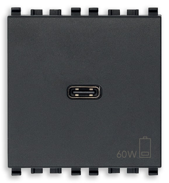 VIMAR - Alimentatore USB C 60W PD Grigio - Per Notebook, Tablet, Smartphone, Fotocamere - Uscita USB Tipo C - Power Delivery - 120-240 V~ 50/60 Hz - 2 Moduli 20298.60