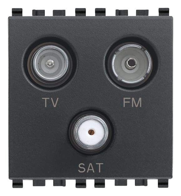 VIMAR - Presa TV-FM-SAT diretta 3 uscite grigio, coassiale 5-2400 MHz, demiscelata, attenuazione 1 dB, passaggio corrente e segnali 24 V 500 mA max. 20303