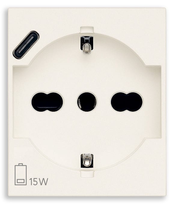 VIMAR - Presa Universale con USB C Bianco Sicury Standard Italiano 16A 250V 15W 3A 5V 1 Uscita Elettronici 2 Moduli 30210.USBB