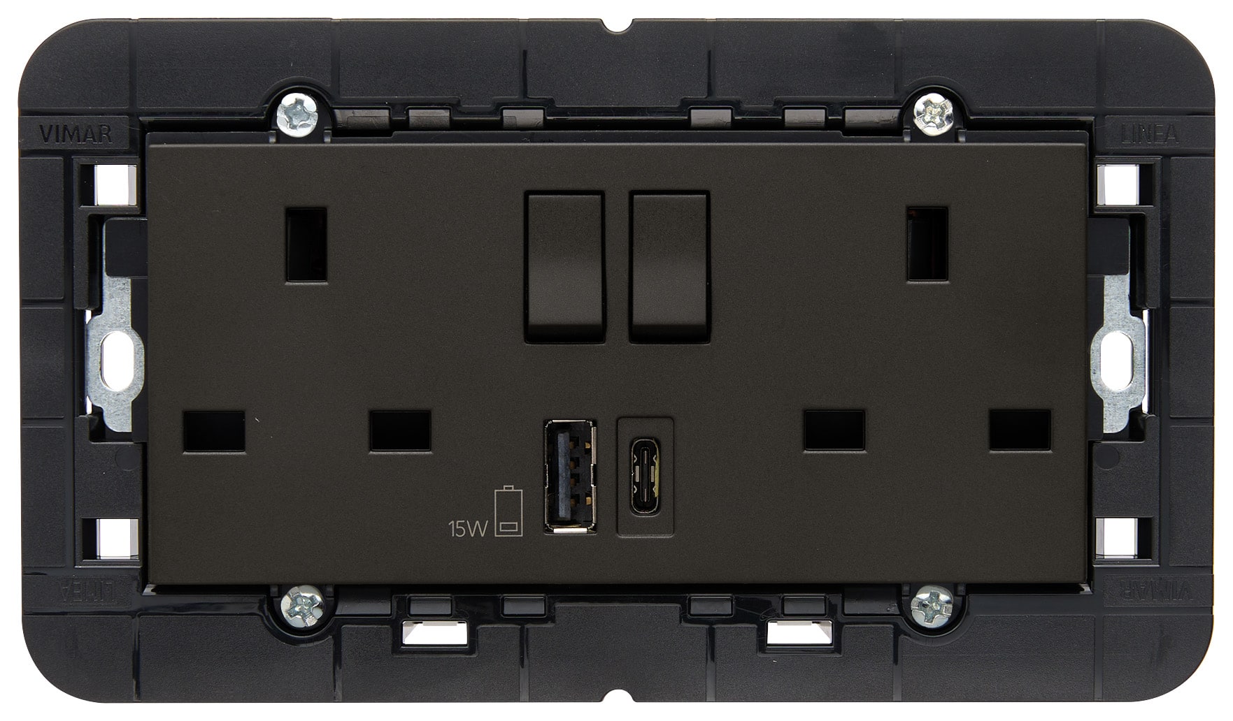 VIMAR - 2PRESE 2P+T13ABS+INT.ROSSO+USBA+C NERO