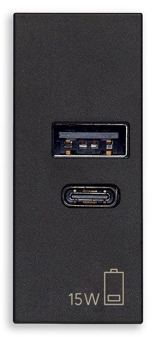 VIMAR - Alimentatore USB 15W 5V nero, 1 uscita A e 1 uscita C per caricare fino a 3A, alimentazione 120-240V 50/60Hz, carica tablet e smartphone.