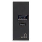 VIMAR - Alimentatore USB 15W 5V nero, 1 uscita A e 1 uscita C per caricare fino a 3A, alimentazione 120-240V 50/60Hz, carica tablet e smartphone.