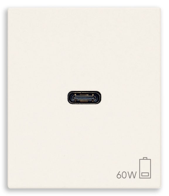 VIMAR - Alimentatore USB C 60W PD bianco per notebook, tablet, smartphone, fotocamere, 1 uscita USB C, Power Delivery, 120-240 V 50/60 Hz, 2 moduli.