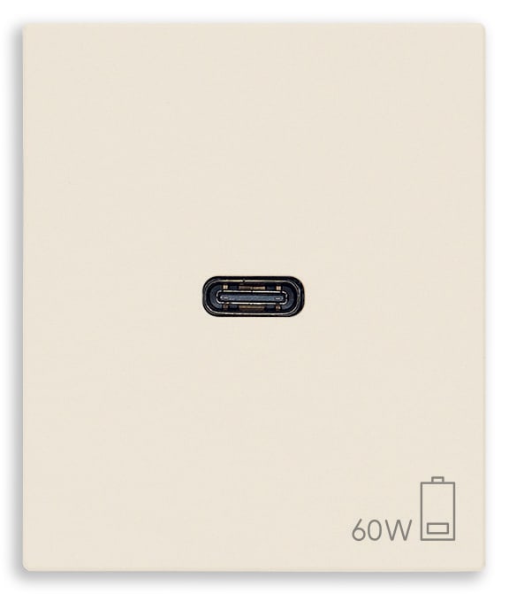 VIMAR - Alimentatore USB C 60W PD per notebook, tablet, smartphone, fotocamere, 1 uscita USB C, Power Delivery, 120-240 V 50/60 Hz, canapa, 2 moduli. 30298.60C