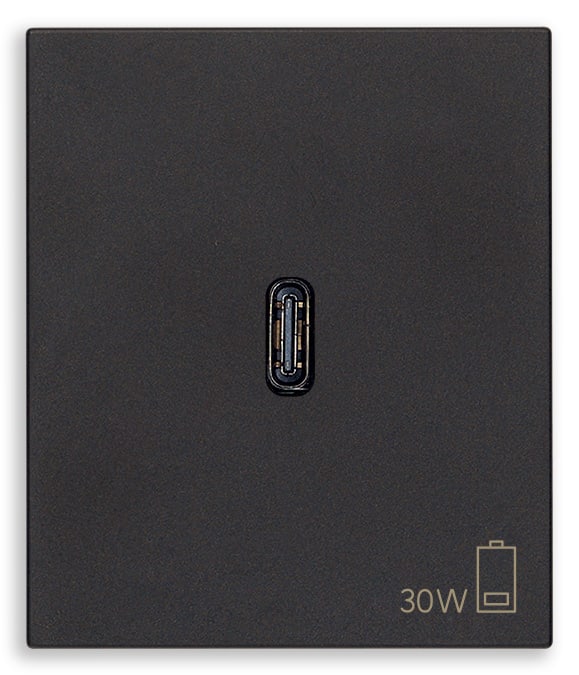 VIMAR - Alimentatore USB C 30W PD Nero - Per Notebook, Tablet, Smartphone, Fotocamere - Uscita USB Tipo C - Tecnologia Power Delivery - 120-240V - 2 Moduli 30298.G