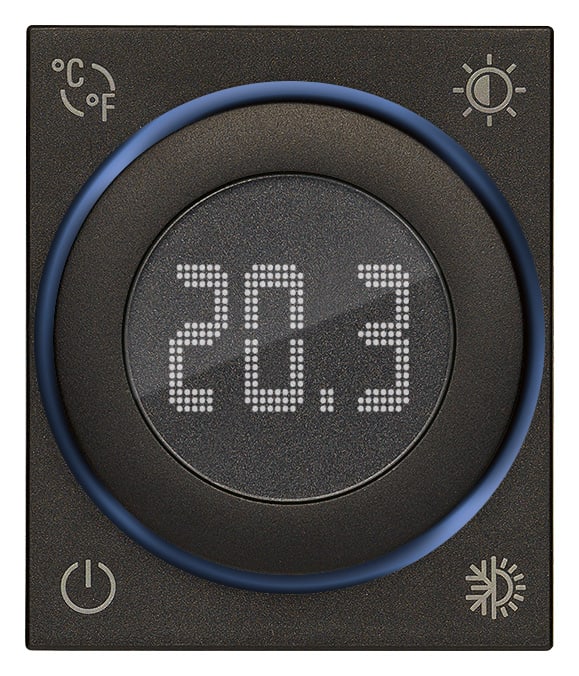 VIMAR - Termostato rotella IoT 2M nero, Bluetooth 5.0, relè 5(2) A 240 V, ingresso sensore, alimentazione 100-240 V, LED bianco, 2 moduli.
