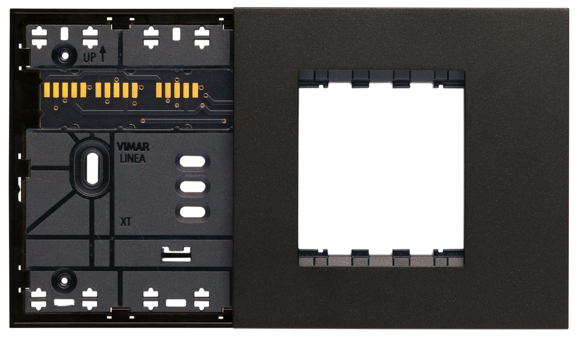 VIMAR - Supporto Misto Elettrificato per 1 Nodo, 1 Attuatore e 2 Moduli Frontali Xt, Nero con Viti per Scatole 4 Moduli 32614.G