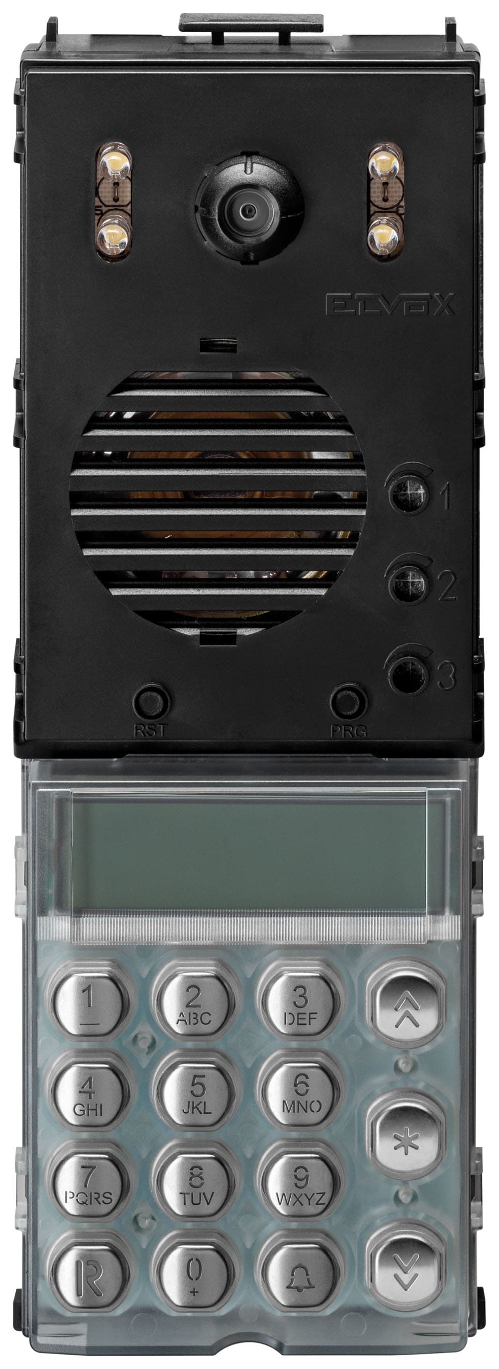 VIMAR - Unità 2F+ A/V LED bianco con tastiera acciaio inox, display, rubrica elettronica, 6400 posti, retroilluminazione LED bianchi.