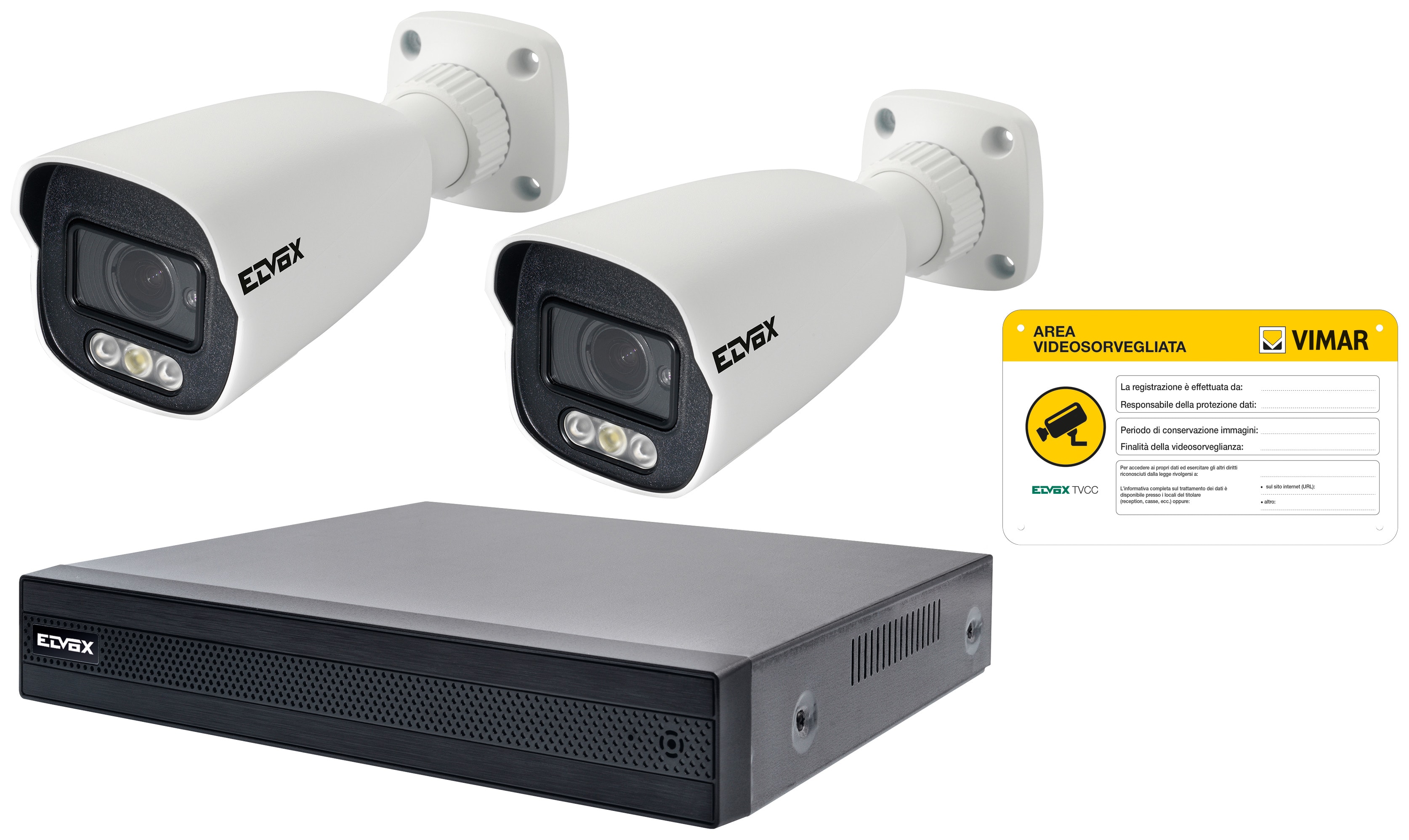VIMAR - Kit IP 8CH PoE 4Mpx con NVR 8 canali NDAA, H.265+, 1TB HDD, 2 bullet cam 4Mpx, visione notturna, varifocale 2,8-12mm, cartello videosorveglianza.