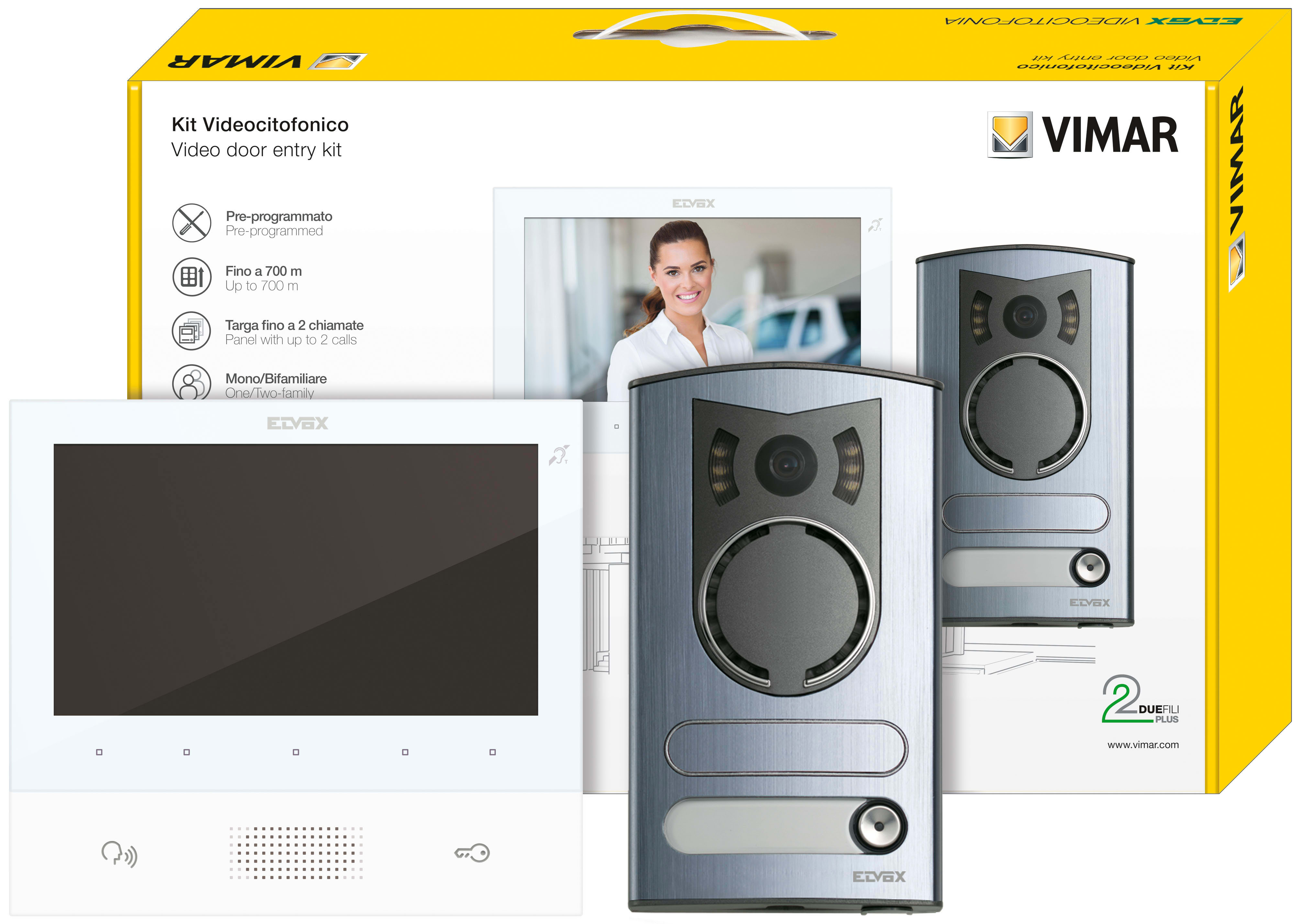 VIMAR - Kit videocitofonico mono/bifamiliare Due Fili Plus: videocitofono vivavoce Tab 7 bianco, targa 1300, unità audio/video 13F2.1, alimentatore.