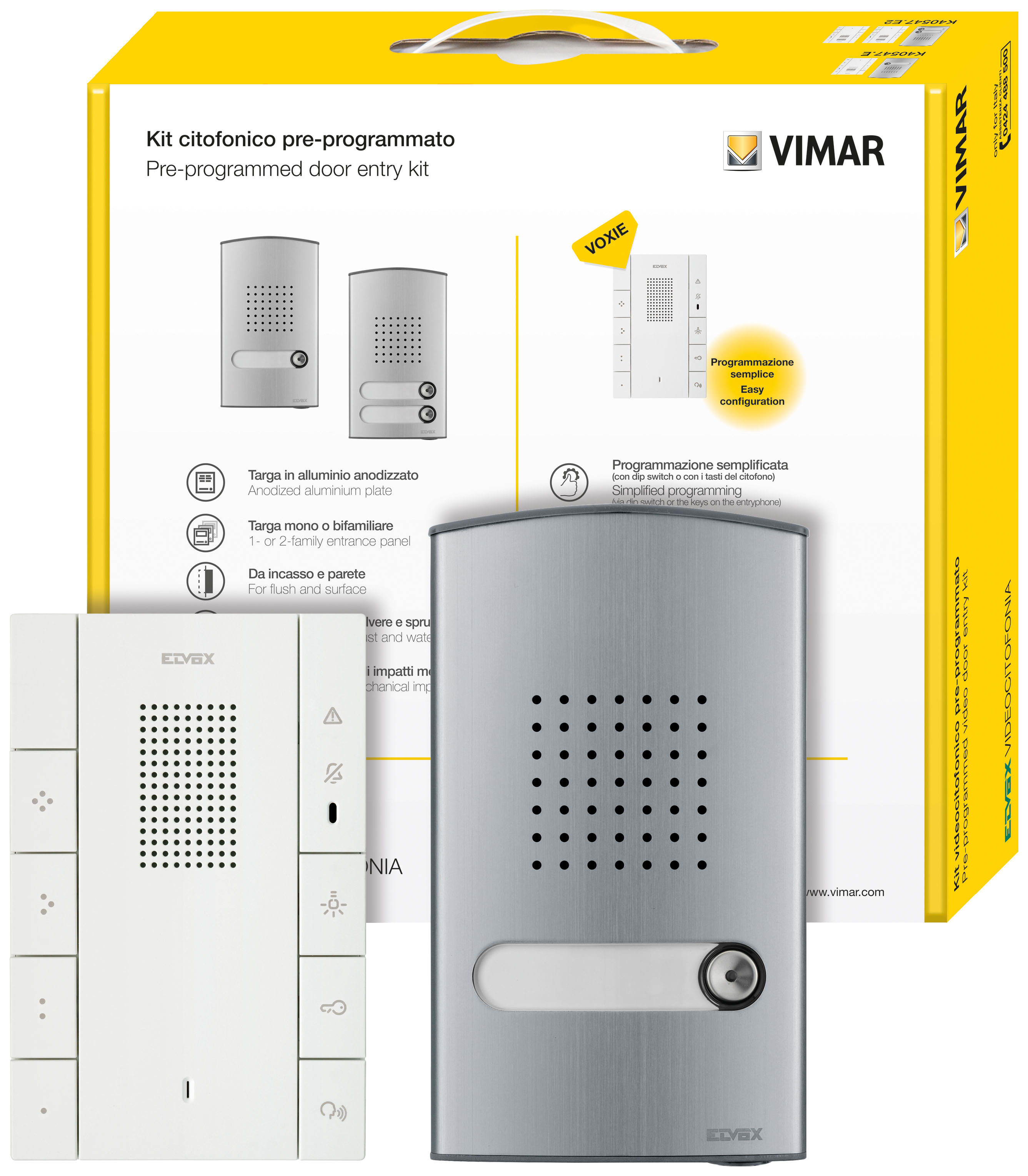 VIMAR - Kit Citofonico Monof Voxie 40547+40141 Due Fili Plus: Unità Elettronica Audio, Placca Bifamiliare, Citofono Vivavoce 7 Pulsanti, Alimentatore