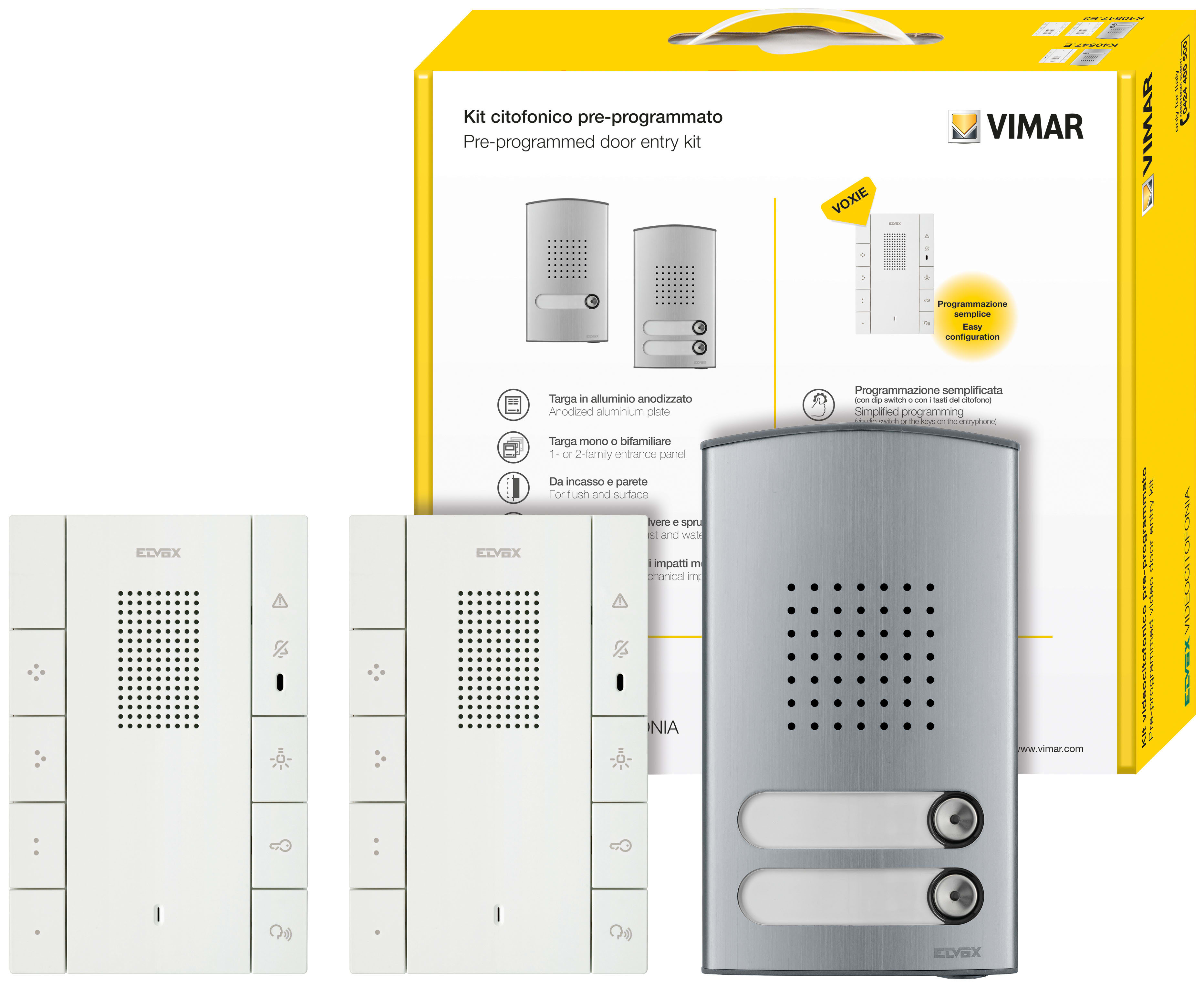 VIMAR - Kit Citofonico Due Fili Plus con Unità Elettronica Audio, Placca Bifamiliare e Citofoni Vivavoce Voxie