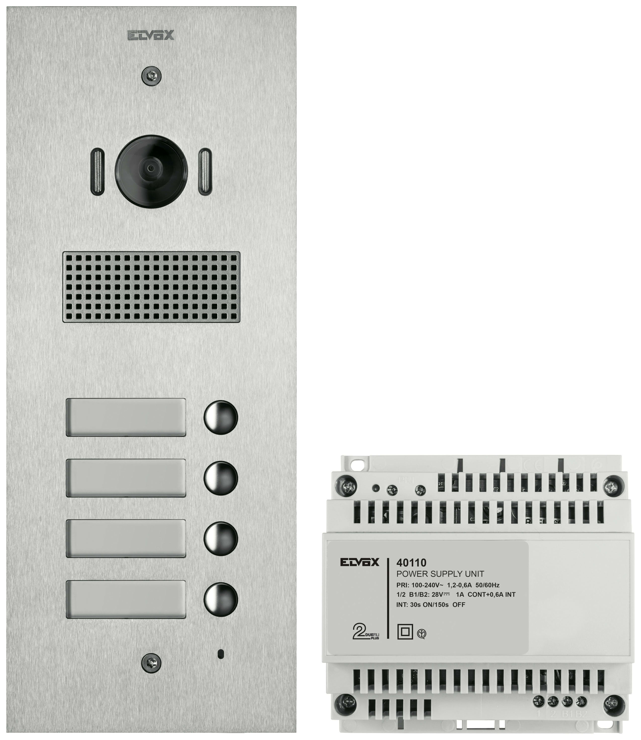 VIMAR - Kit Steely 2F+ A/V 4 pulsanti acciaio inox, espandibile Due Fili Plus con placca 2 moduli, unità audio/video 13F5.B, scatola incasso, alimentatore.