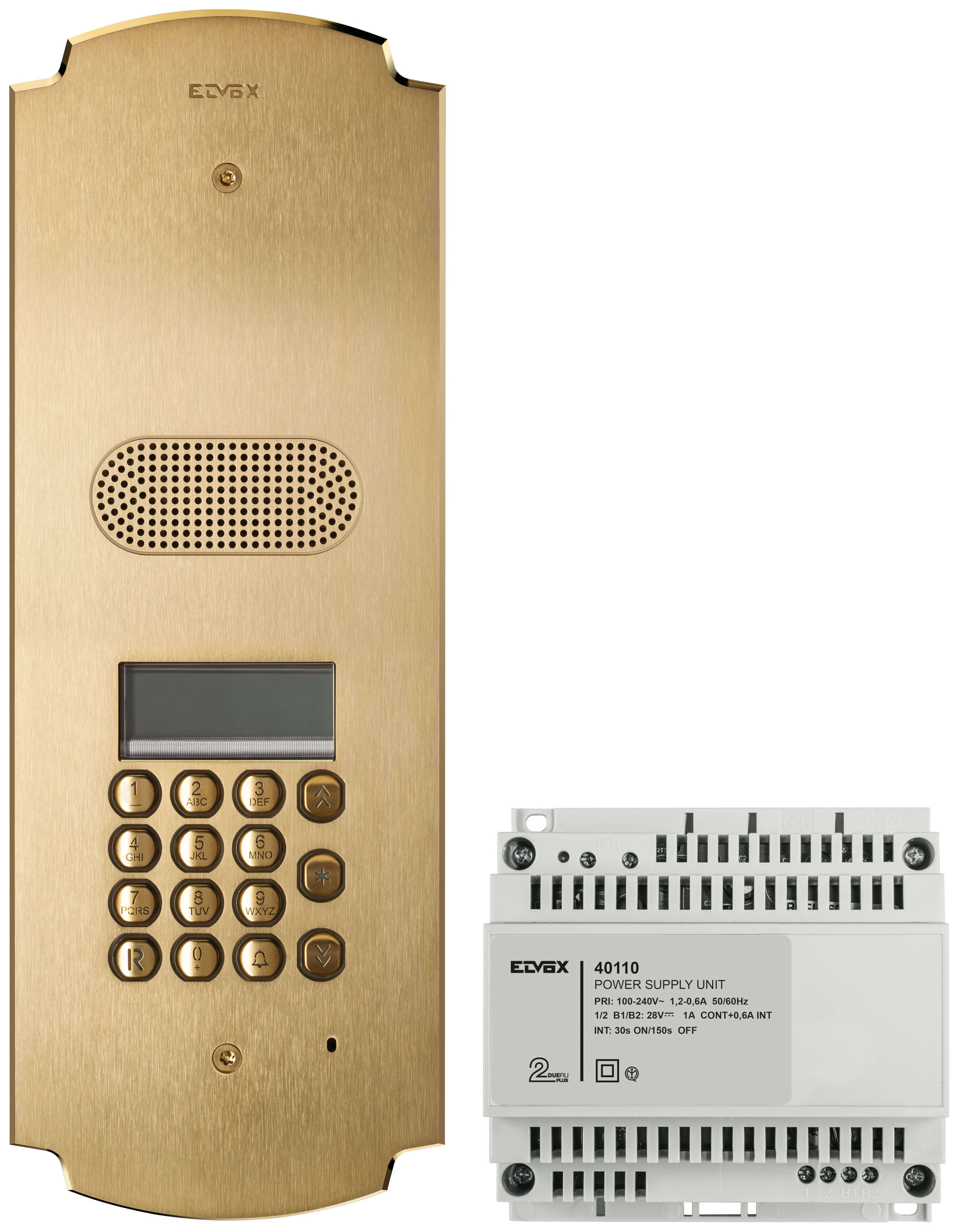 VIMAR - Kit Patavium 2F+ audio tastiera display ottone espandibile Due Fili Plus con placca 2 moduli ottone satinato, unità audio, scatola incasso, alimentatore.