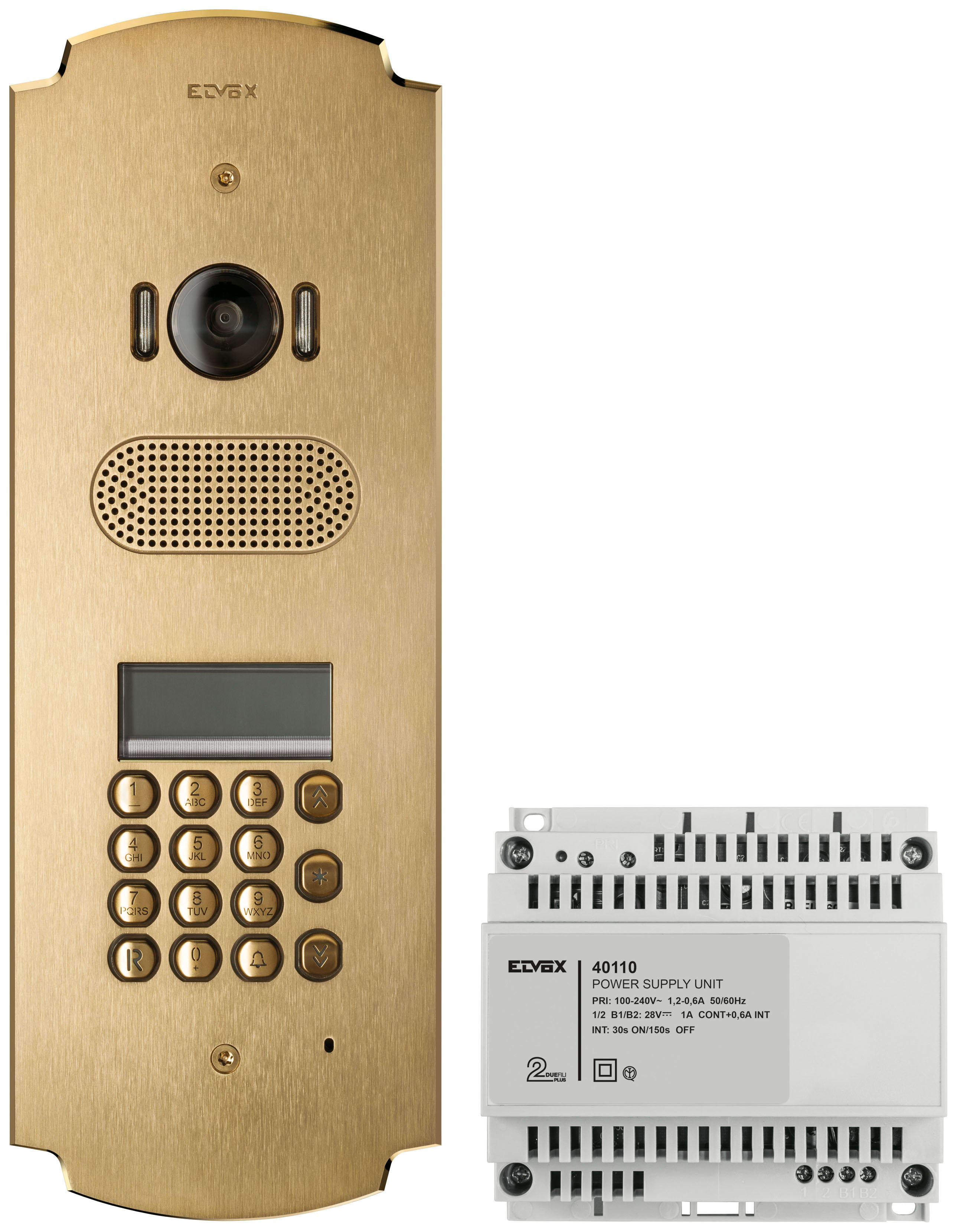 VIMAR - Kit Patavium 2F+ A/V tastiera e display ottone, espandibile Due Fili Plus con placca 2 moduli, unità audio/video, scatola incasso, alimentatore.