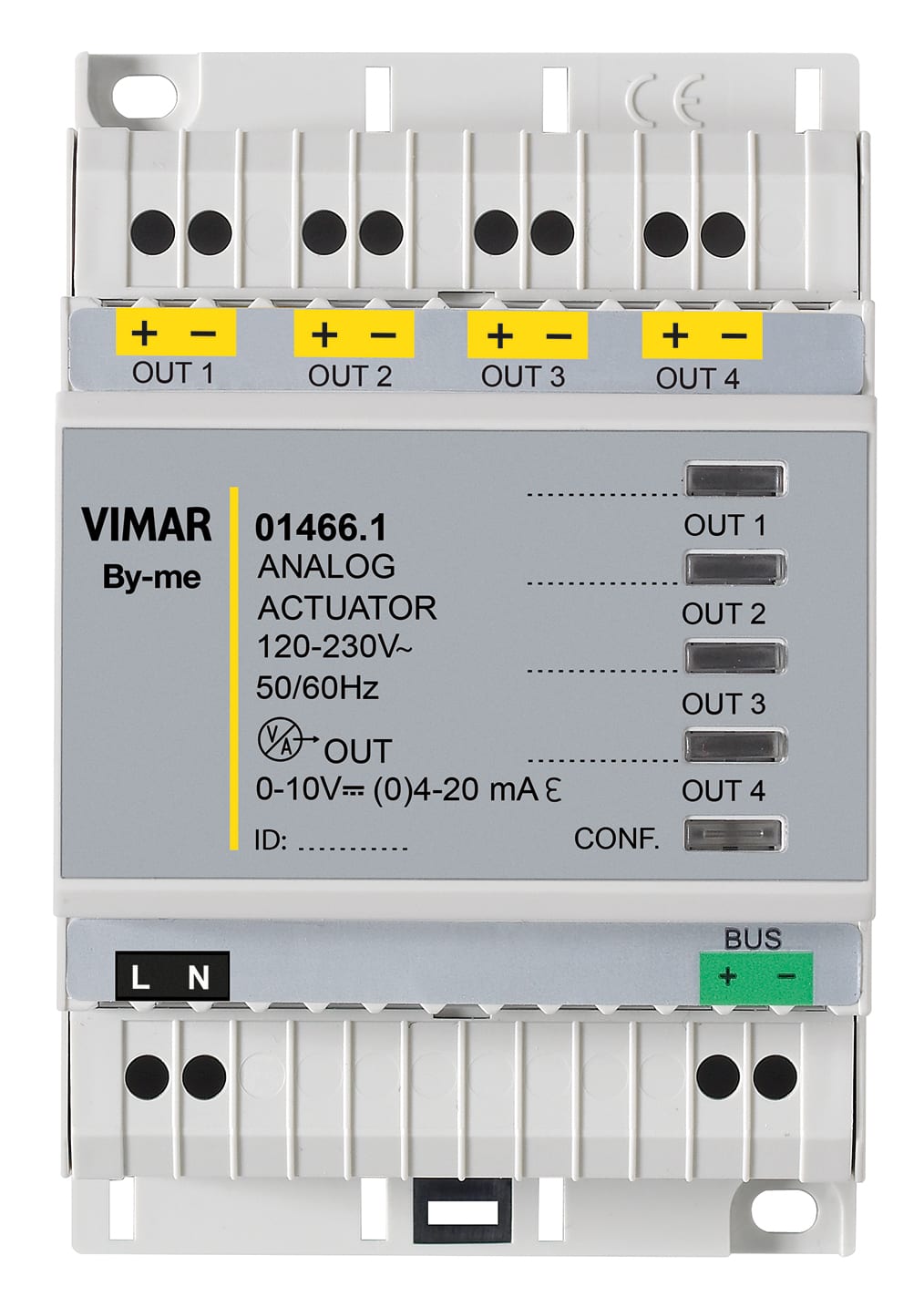 VIMAR - Attuatore domotico con 4 uscite analogiche proporzionali 0-10 V o 4-20 mA, alimentazione 120-230 V, installazione su guida DIN, occupa 4 moduli.