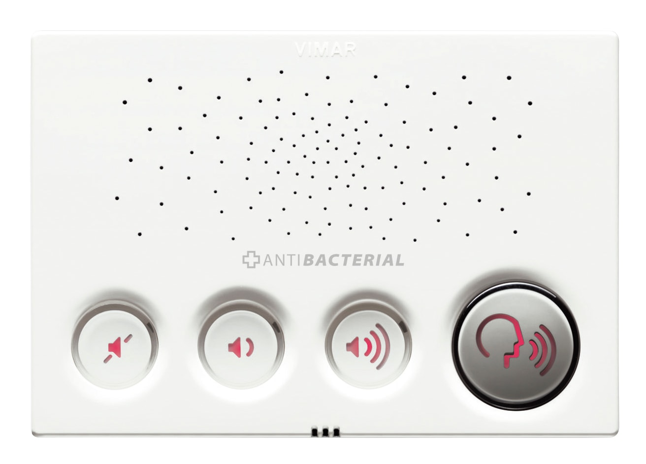 VIMAR - Modulo Fonico Antibatterico con 4 Pulsanti per Musica e Comunicazione Vocale, Materiale Antibatterico, Cavo Flat, Base Singola Parete, Bianco