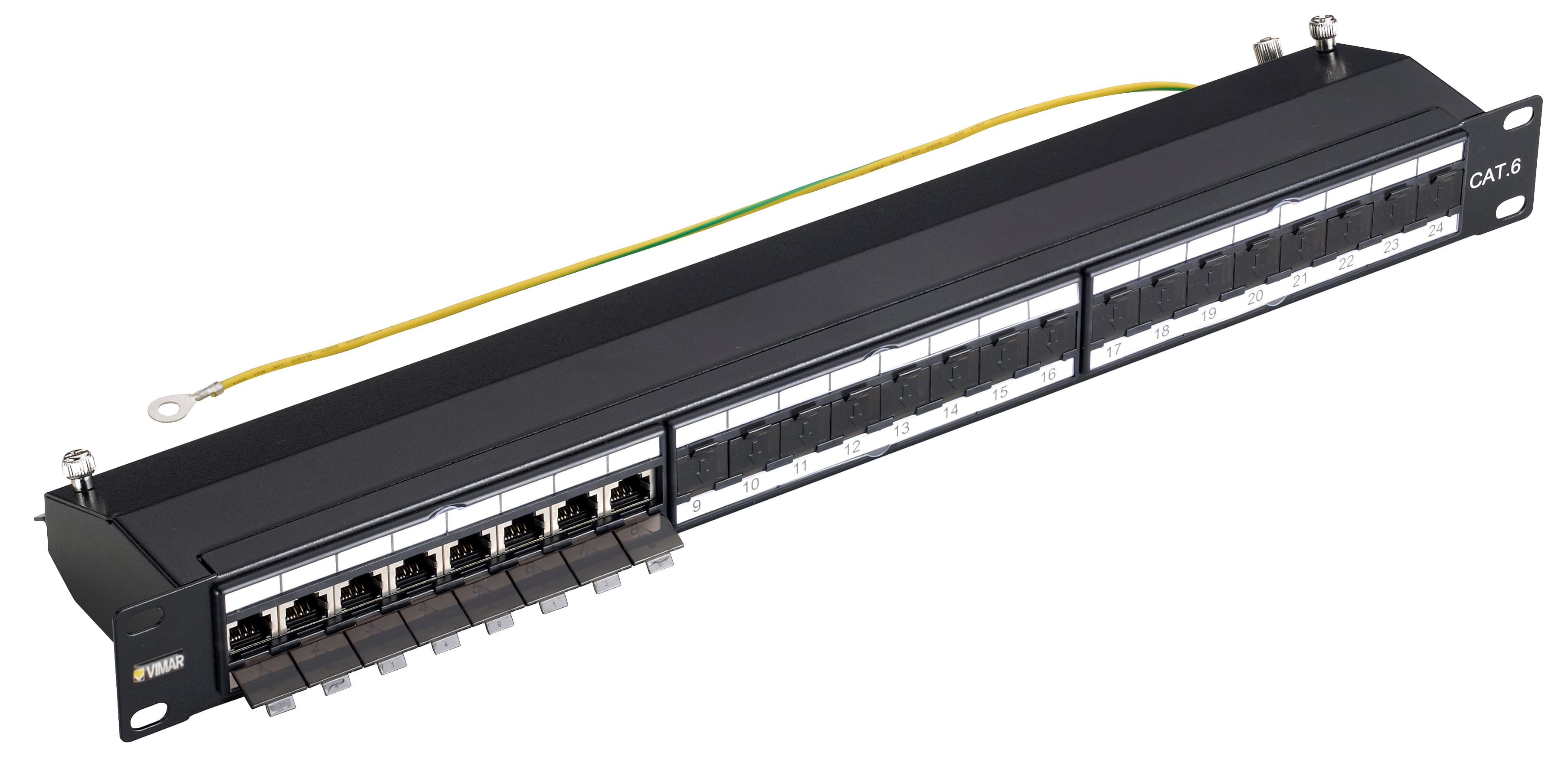 VIMAR - Pannello 24 RJ45 Cat6 FTP 1u, 19 pollici, 24 connettori RJ45 Cat. 6 schermati, cablaggio T568A/B, 8 contatti, morsetti 110, 1 unità rack.