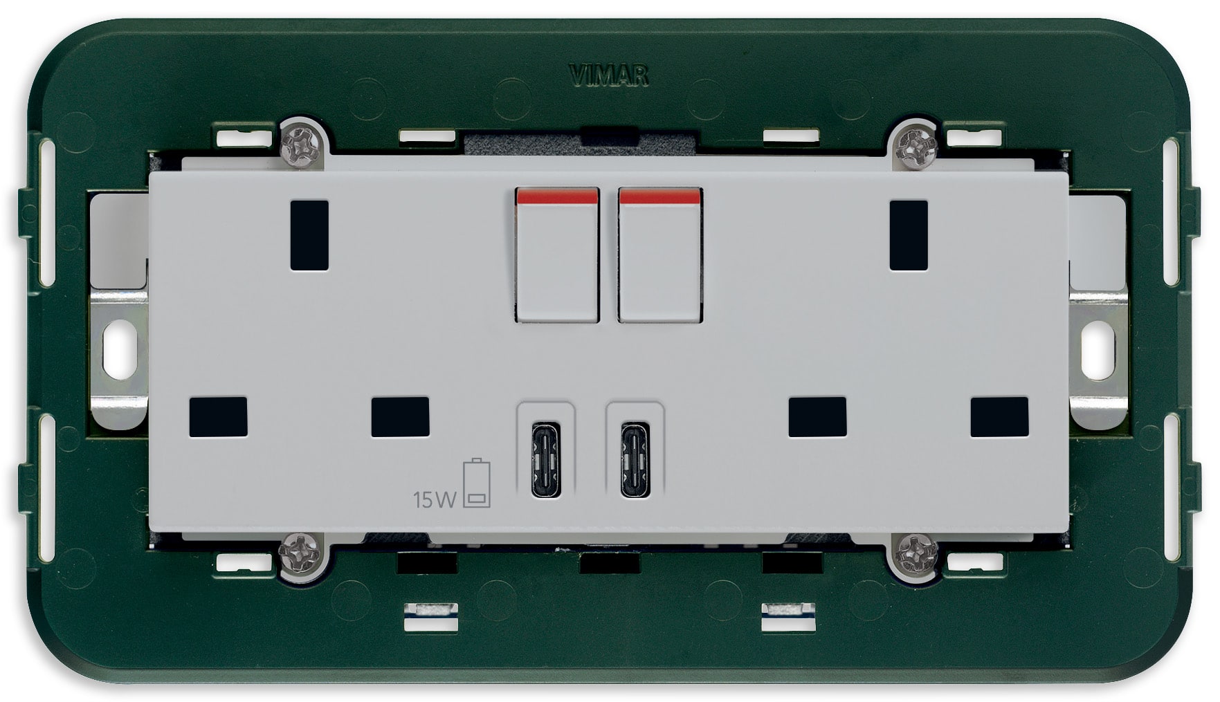 VIMAR - 2PRESE 2P+T13ABS+INT.ROSSO+USBC+C SILVER