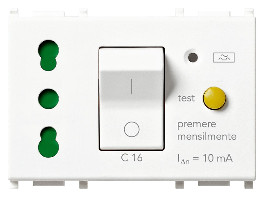 VIMAR - Presa 2P+T 16A P17/11 interbloccata con interruttore magnetotermico differenziale 1P+N C 16, 230V 50Hz, 10mA, 3000A, bianco, 3 moduli.