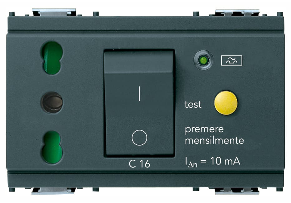 VIMAR - Presa 2P+T 16A P17/11 interbloccata con interruttore magnetotermico differenziale C16, 230V 50Hz, 10mA, 3000A, grigio, 3 moduli.
