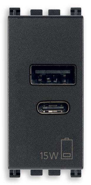 VIMAR - Alimentatore USB 15W 5V grigio, 1 uscita A e 1 uscita C, carica fino a 3A, alimentazione 120-240V 50/60Hz, cavo 1M.