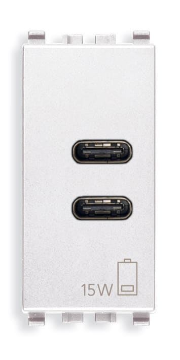 VIMAR - Alimentatore USB C+C 15W 3A 5V bianco, 2 uscite USB C per caricare fino a 3A, alimentazione 120-240V 50/60Hz, 1 modulo.