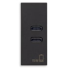 VIMAR - Alimentatore USB C 15W 3A 5V Nero - Per Dispositivi Elettronici con 2 Uscite Tipo C - Carica 2 Dispositivi Contemporaneamente - Alimentazione 120-240V