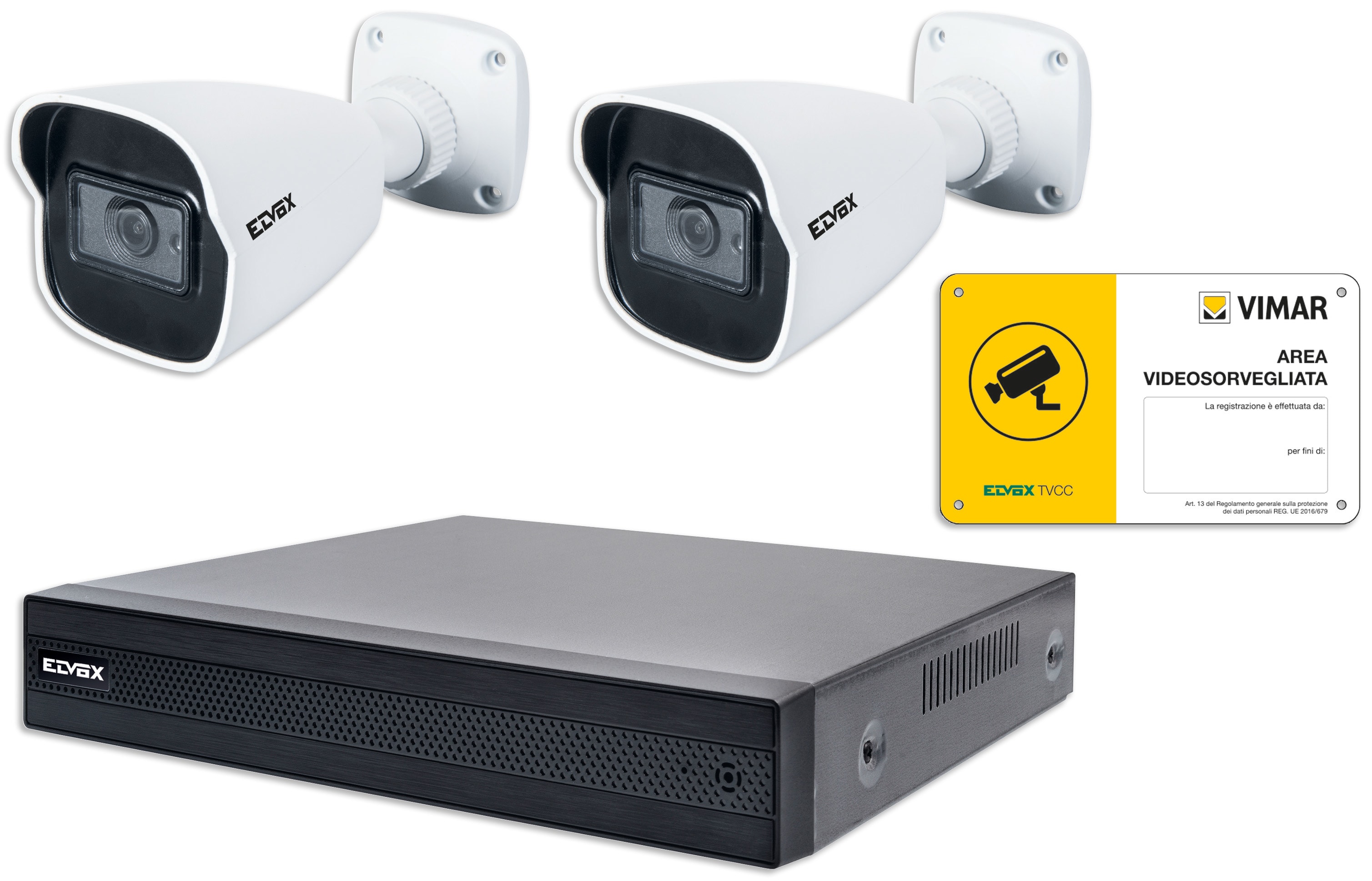 VIMAR - Kit IP 4CH PoE 5 Mpx H.265+ NDAA, NVR 4 canali, switch PoE 4 porte, visione remota, HDD 1 TB, 2 telecamere 5 Mpx, cartello videosorveglianza.
