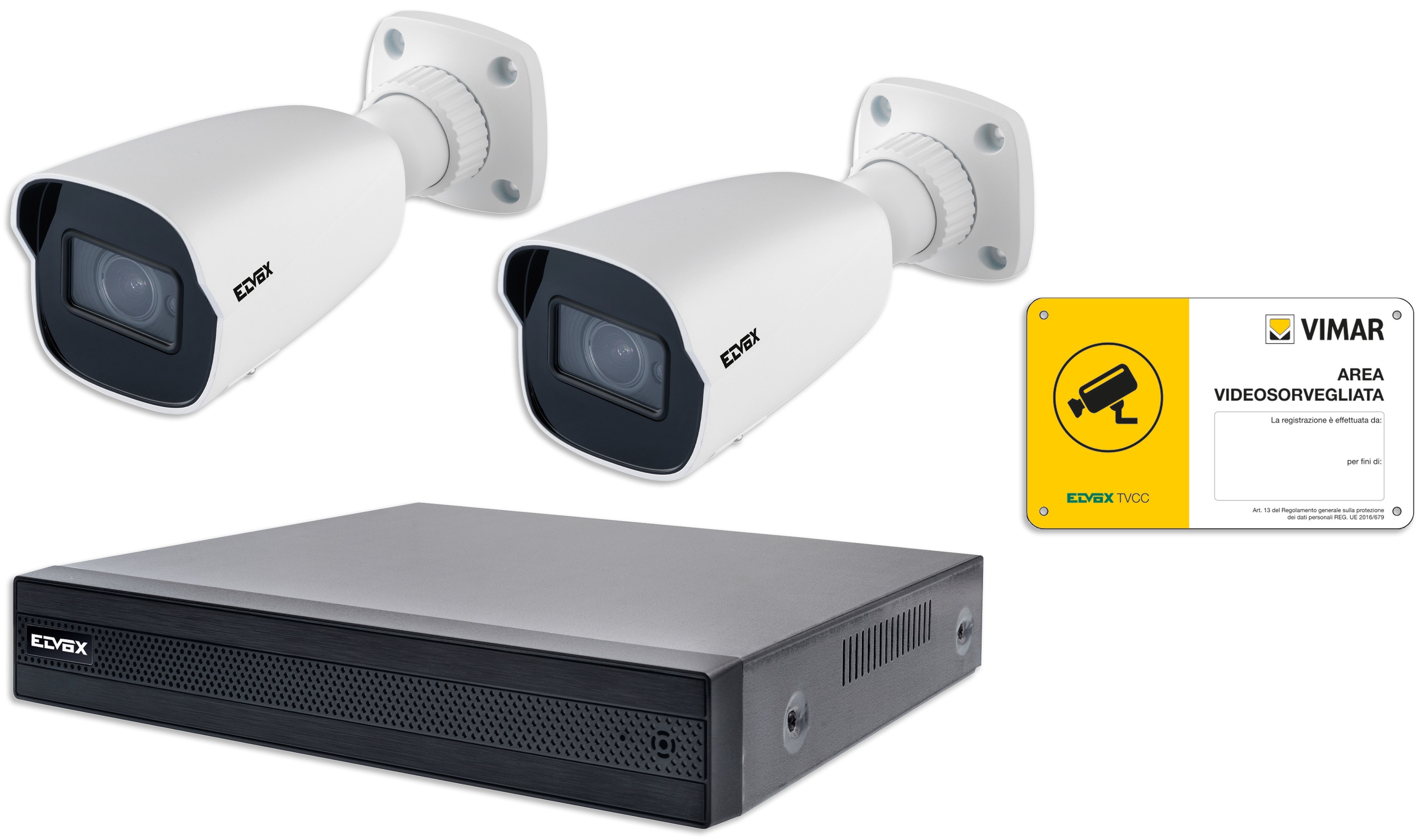 VIMAR - Kit IP 8CH PoE 5 Mpx H.265+ NDAA: NVR 8 canali, compressione H.265+, switch PoE 8 porte, HDD 1 TB, 2 telecamere 5 Mpx, cartello videosorveglianza.