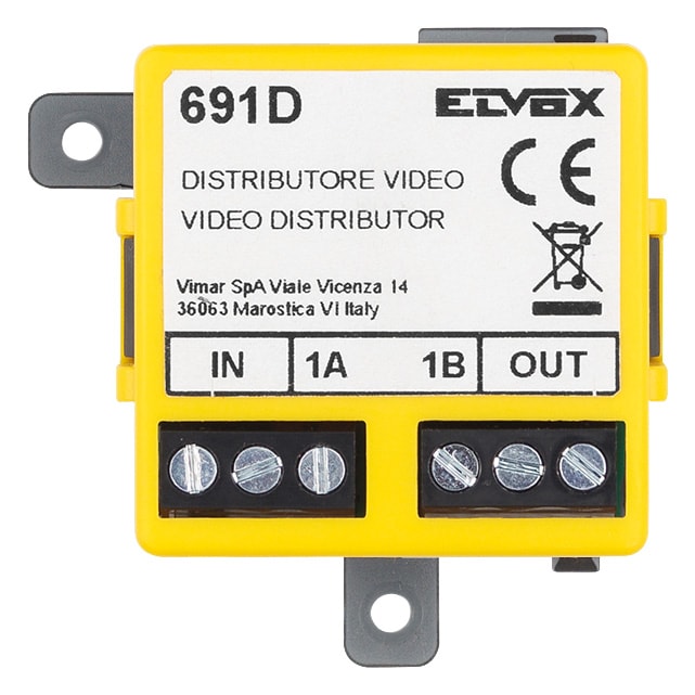 VIMAR - Distributore video passivo monouscita per adattamento impedenza su linee bilanciate con singola derivazione. Dimensioni 32x37x16 mm.