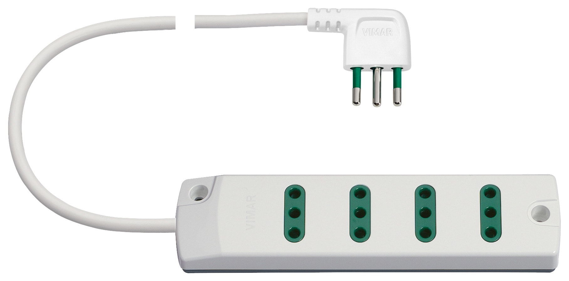 VIMAR - Presa multipla 4 uscite 2P+T 10A 250V, cavo 1,5m, spina S11 90°, potenza max 2300W, bianco, non installabile con fascetta.