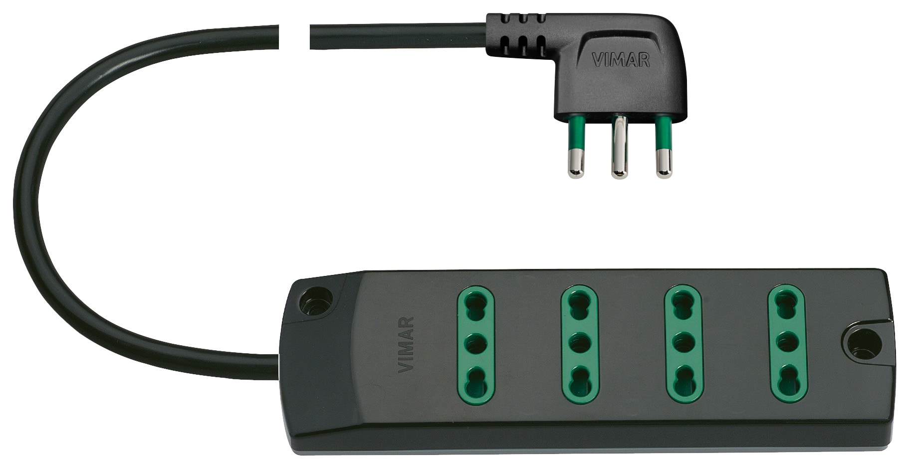 VIMAR - Presa mobile multipla 2P+T 16A 250V, 4 uscite Sicury Standard Italiano, cavo 1,5m 3 conduttori 1mm2, spina 2P+T 16A S17 90°, potenza 3680W, nero