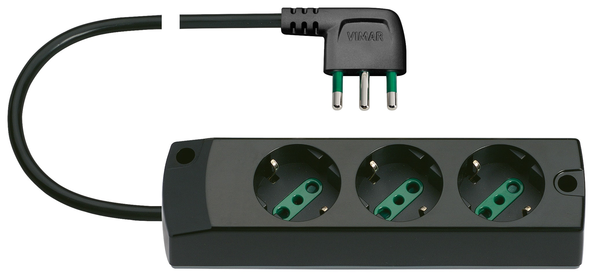 VIMAR - Presa multipla 3P30+S17 90° nero, 2P+T 16A 250V, 3 uscite SICURY, cavo 1,5m 3G1, spina 2P+T 16A, potenza max 3680W.