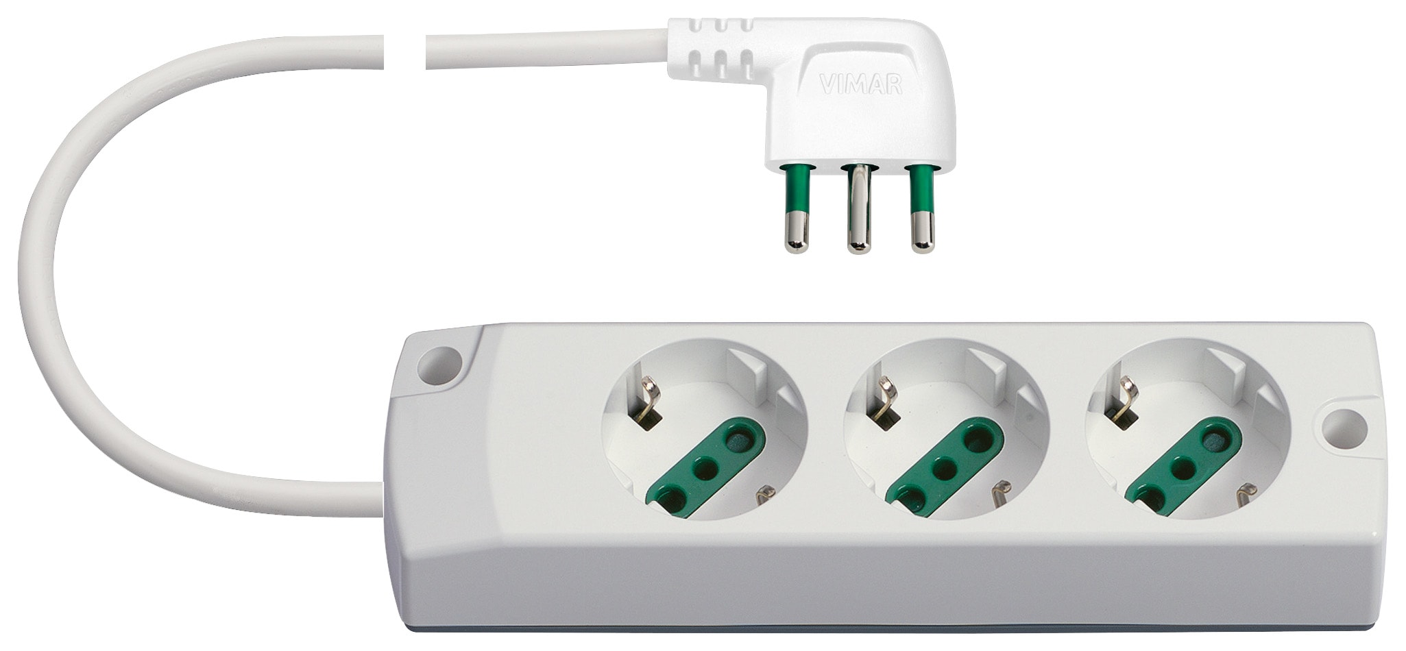 VIMAR - Presa multipla 3P30+S17 bianco, 3 uscite SICURY, cavo 1,5 m, spina 2P+T 16 A, potenza 3680 W, uscita cavo 90°, standard italiano.