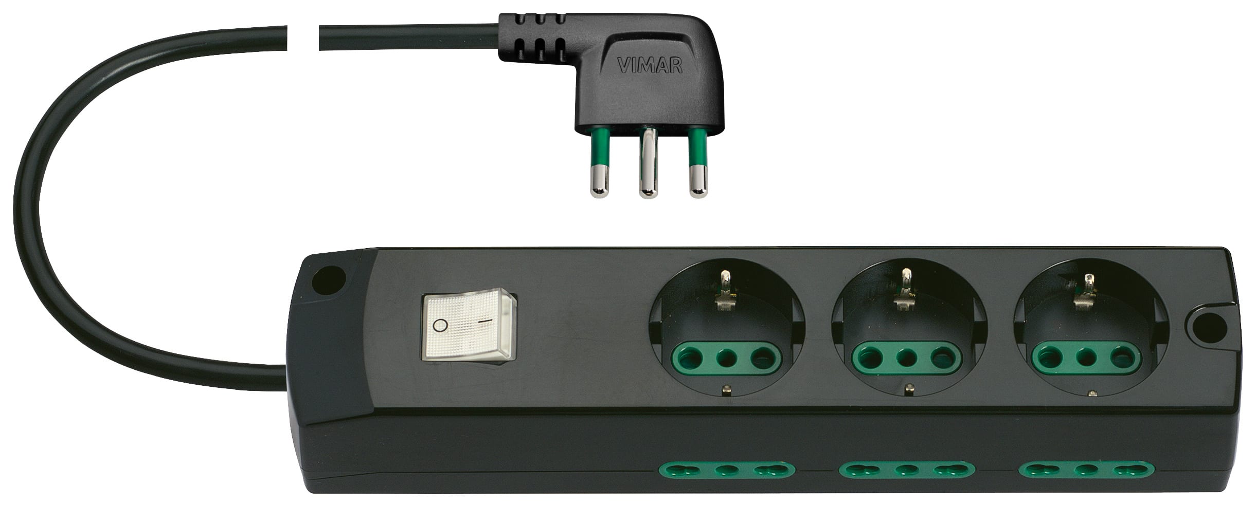 VIMAR - Presa multipla 3P30+6P17/11 con interruttore luminoso, cavo 1,5m, spina S17, potenza 3680W, nero, uscita cavo 90°.