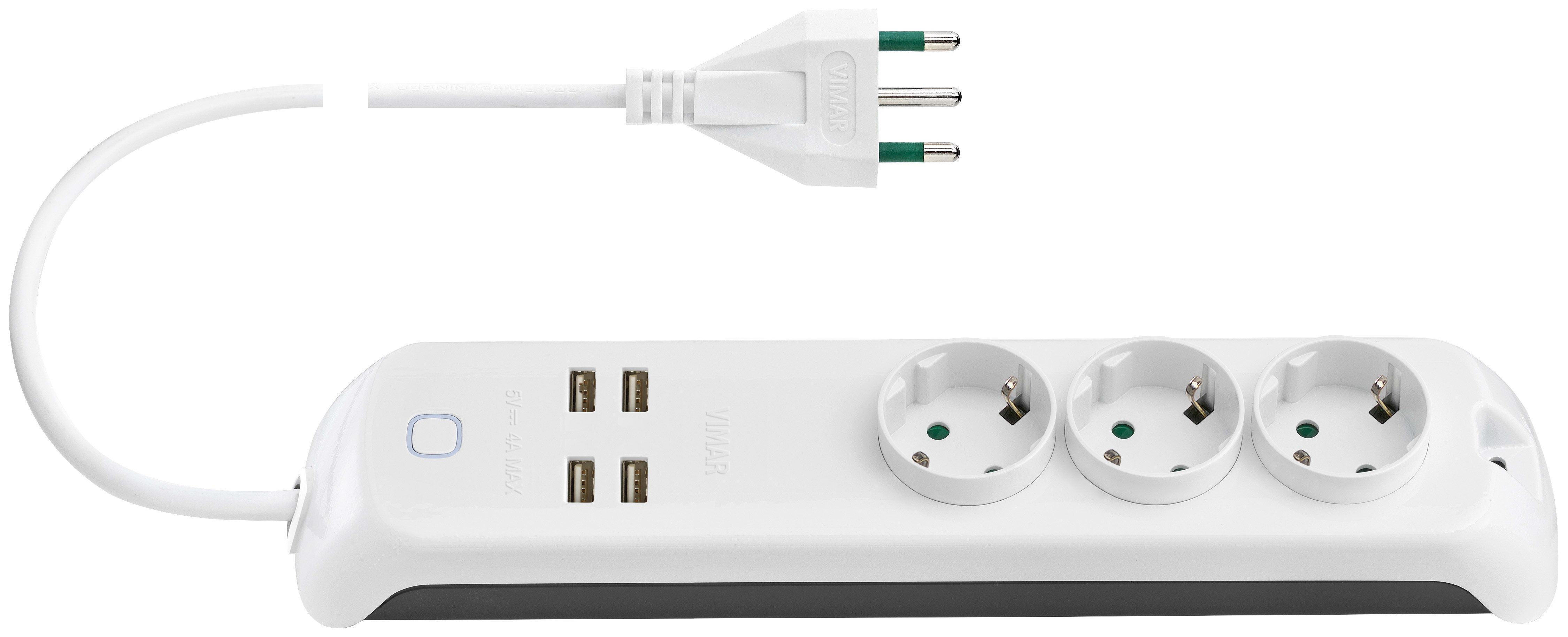 VIMAR - Presa multipla 16A con 3 schuko, 4 USB, interruttore, WiFi, controllo remoto, cavo 1,5m, spina italiana, bianco.