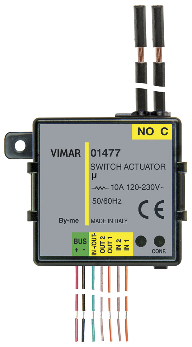 VIMAR - Modulo domotico 2 ingressi digitali programmabili, 1 uscita relè NO 10 A 120-230 V, 2 uscite LED, installazione incasso retrofrutto.
