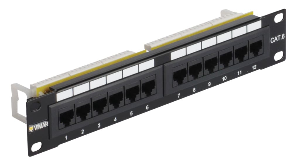 VIMAR - Pannello 10 in 12 RJ45 Cat6 UTP 1U - Permutazione Completa Connettori Universali T568A/B 8 Contatti Morsetti Isolanti 110 - 1 Unità Rack