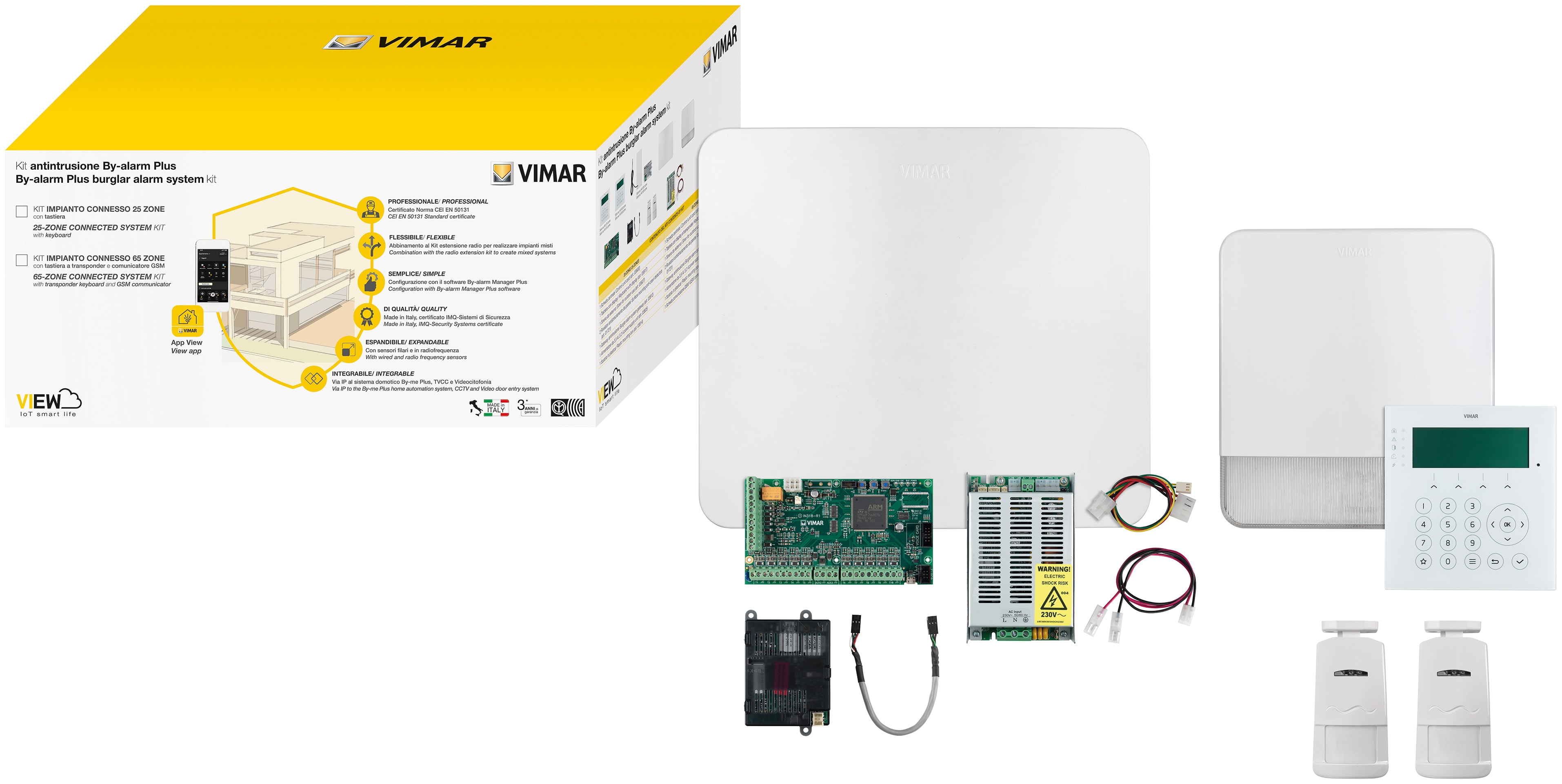 VIMAR - Kit By-alarm Plus 25 zone con gateway IP: centrale 25 zone, tastiera display, sirena esterna, 2 rivelatori, gateway, alimentatore, scatola plastica.