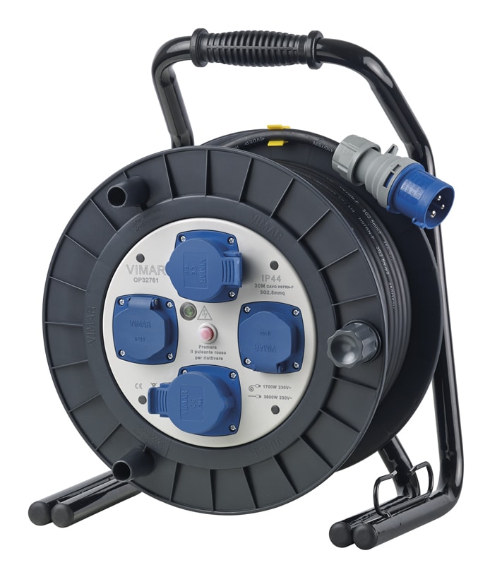 VIMAR - Avvolgicavo industriale 16A 4 uscite 30m, 2P+T 230V~ con disgiuntore termico, IP44, 2 prese industriali, 2 prese SICURY, cavo H07RN-F 30m.