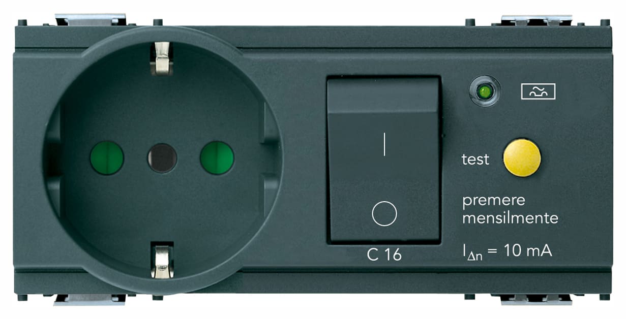 VIMAR - Presa Sicury 2P+T 16A Standard Italiano con Interruttore Magnetotermico Differenziale 1P+N C16, 230V Grigio - 4 Moduli