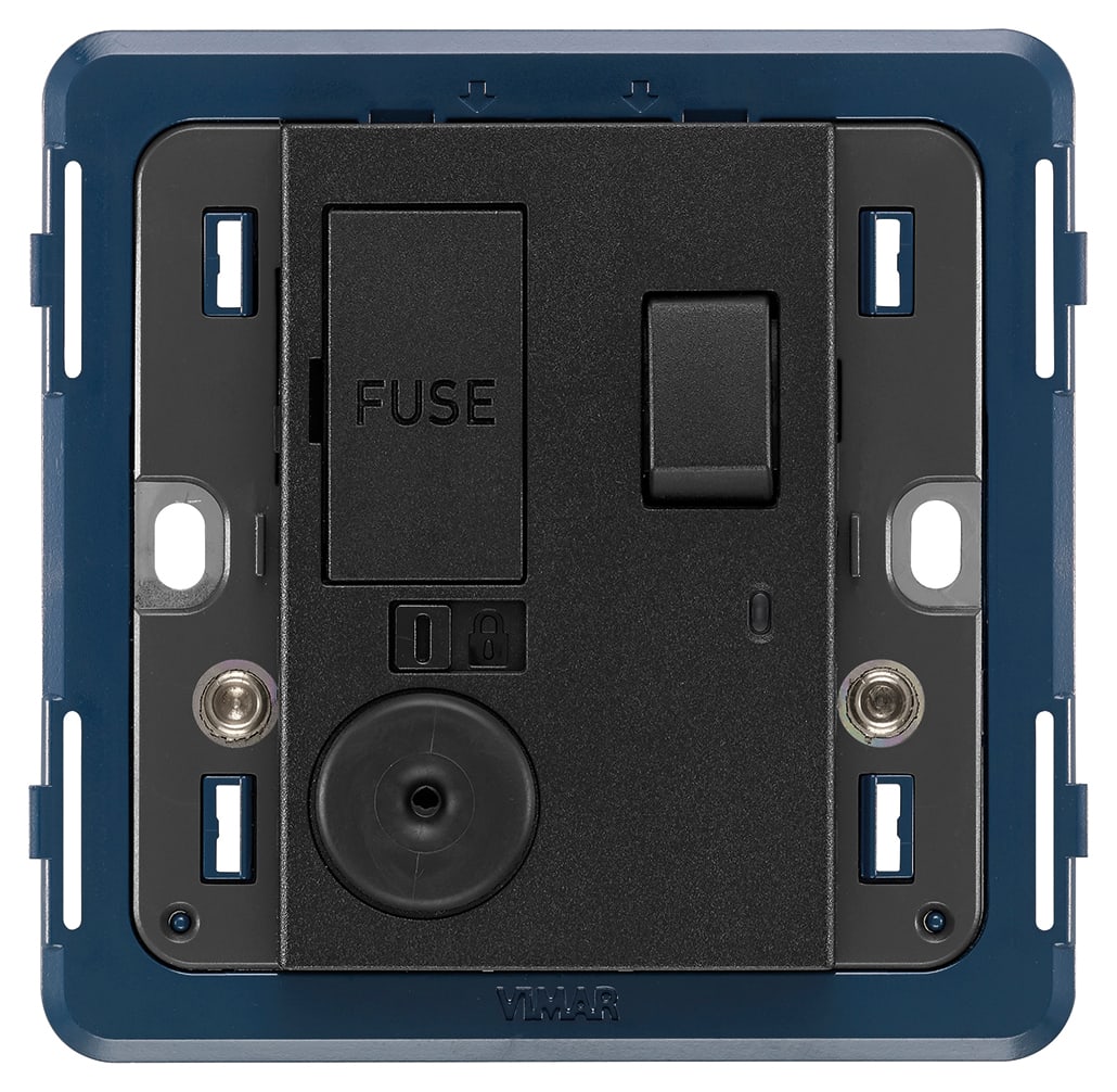 VIMAR - Unità di connessione 13A 250V con interruttore 2P, spia luminosa, uscita cavo, fusibile, supporto per scatole BS, da completare con placca 3 moduli, grigio.