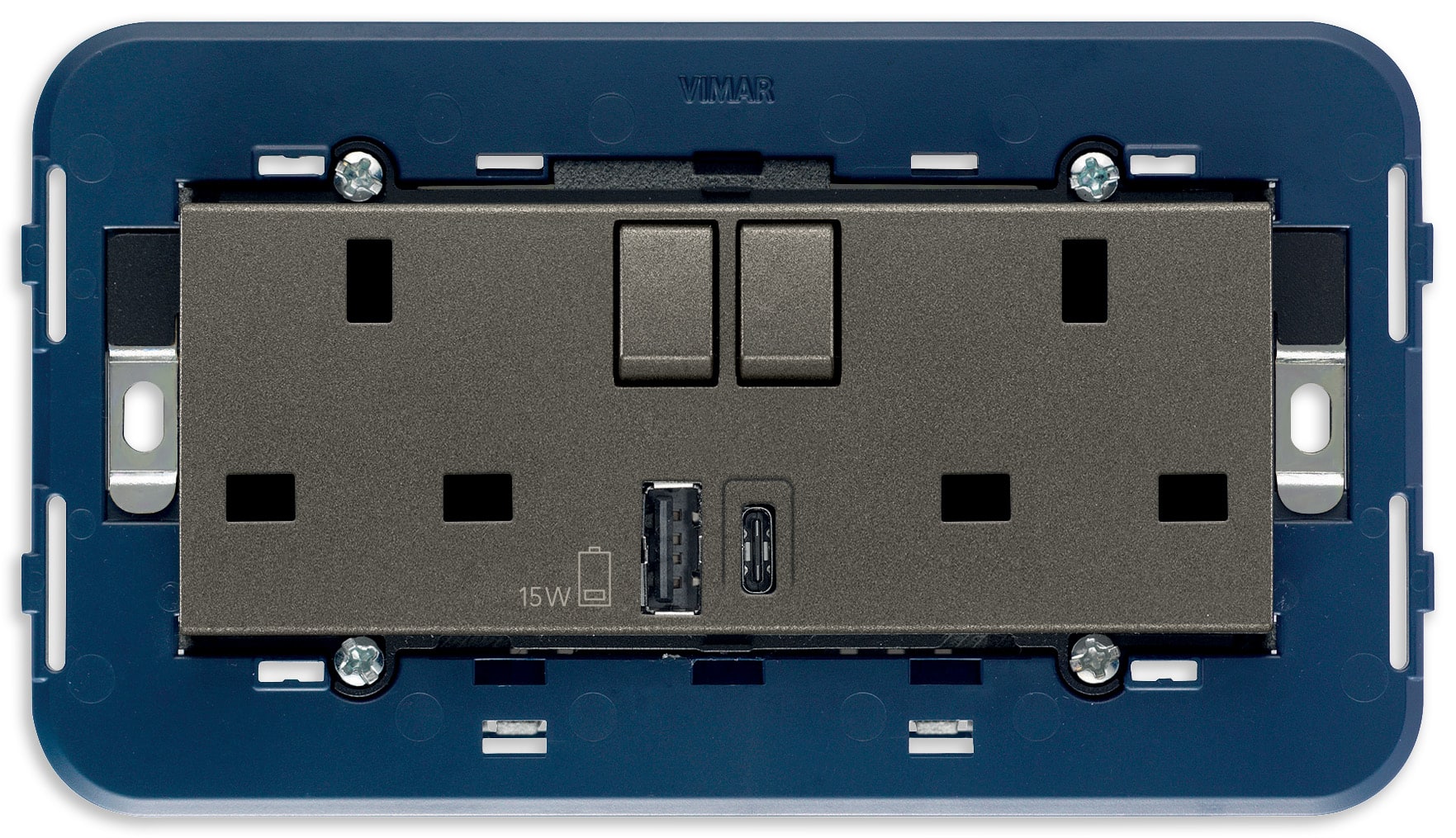 VIMAR - 2PRESE 2P+T13ABS+INT.ROSSO+USB A+C METAL