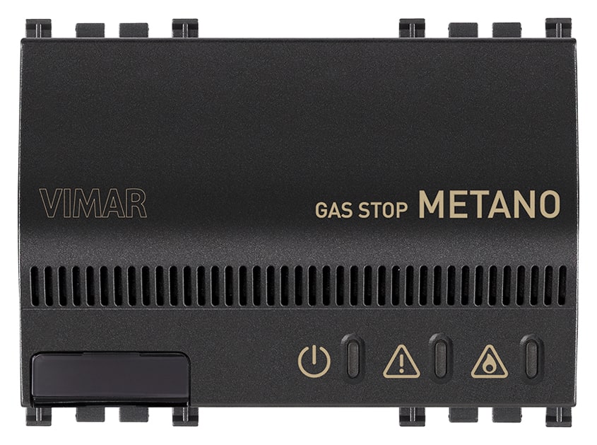 VIMAR - Rivelatore Elettronico Metano Grigio con Gas Stop, Segnalazione Acustica e Ottica, Elettrovalvola, Alimentazione 230V, 3 Moduli, Bomboletta 01899.