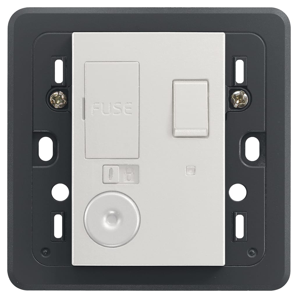 VIMAR - Unità di connessione 13A 250V con interruttore 2P, spia luminosa, uscita cavo, fusibile, supporto per scatole BS, da completare con placca 3 moduli.