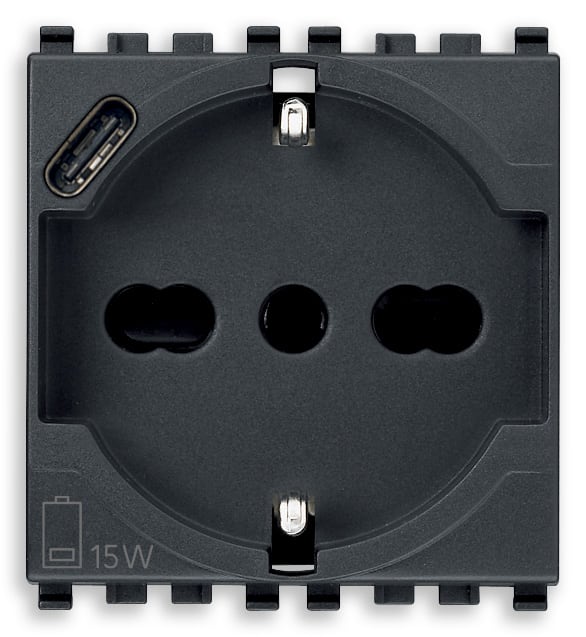 VIMAR - Presa Universale con USB C Grigio Sicury Standard Italiano P40 16A 250V 15W 3A 5V 1 Uscita Tipo C Dispositivi Elettronici 2 Moduli