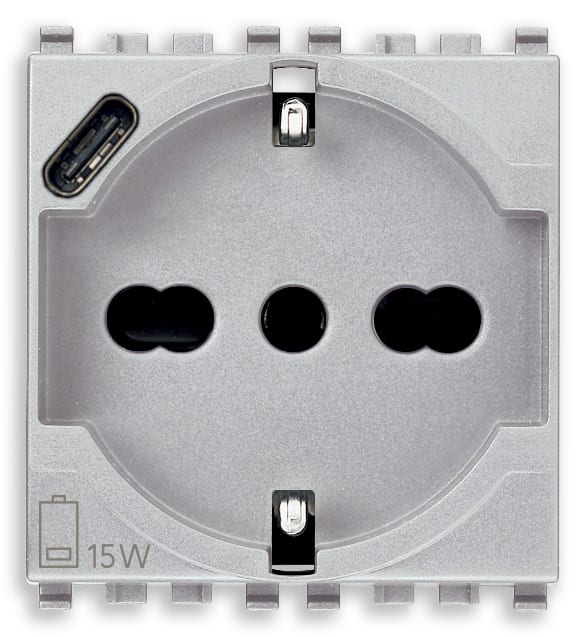 VIMAR - Presa Universale con USB C Sicury Standard Italiano 16A 250V 15W 3A 5V 1 Uscita Tipo C per Dispositivi Elettronici 2 Moduli