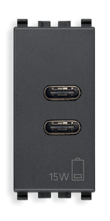 VIMAR - Alimentatore USB 15W 3A 5V Grigio - 2 Uscite Tipo C per Caricare Dispositivi Elettronici Fino a 3A - Alimentazione 120-240V 50/60Hz