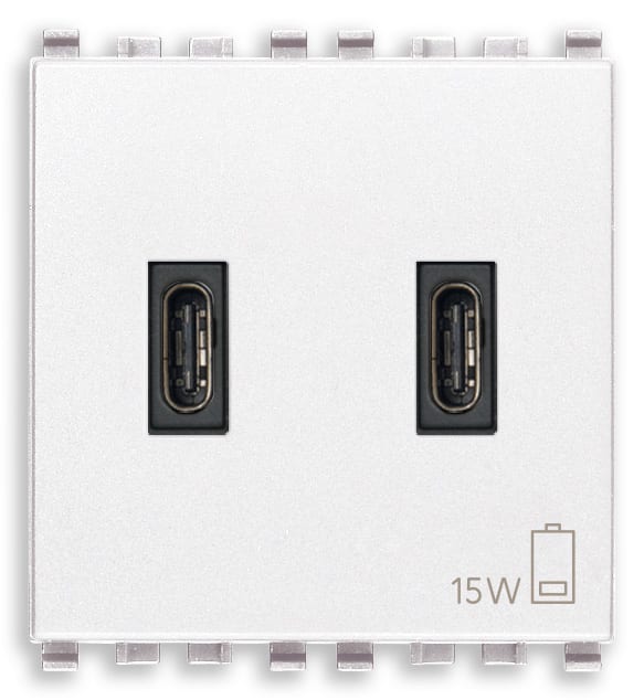 VIMAR - Alimentatore USB 15W 3A 5V Bianco Ottimizzato per Caricare Dispositivi Elettronici con 2 Uscite USB Tipo C - 2 Moduli